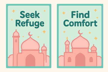 Fototapeta premium Seek Refuge, Find Comfort. Refuge in Him. Two vertical A6 banners with safe margins, centered composition, no elements touching edges, cartoon, pastel mint and