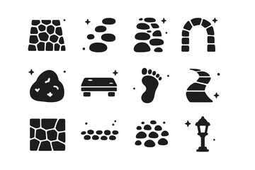 Stone Path Icons. Stone Path. Solid icons set of Stone Path: cobblestone path, stepping stones, garden trail, stone arch, mossy rock, bridge slab, footstep
