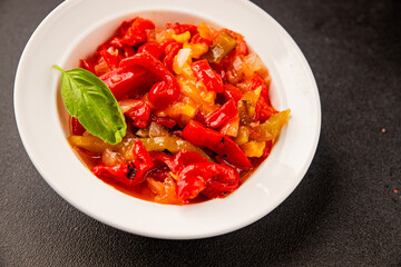 Roasted pepper salad vegetables dish natural product tasty snack fresh delicious gourmet food background on the table rustic top view copy space keto and paleo diet vegan and vegan food