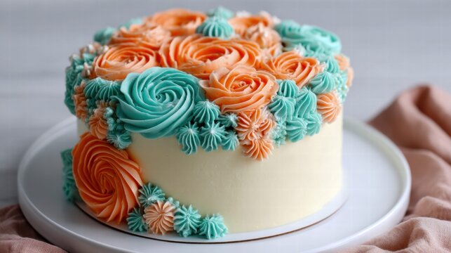 Elegant cake decorated with vibrant orange and teal frosting flowers.