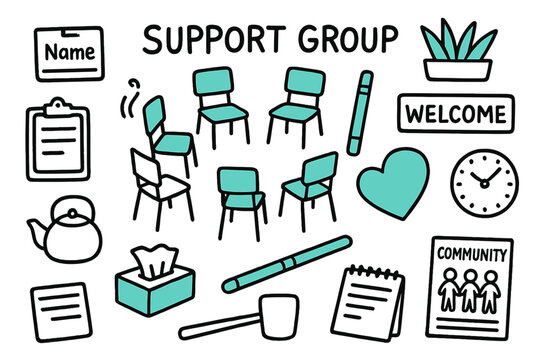 Support Group Doodles. // Support group. Hand-drawn doodle illustration Support group [circle of chairs (accented), name tags (accented), facilitator