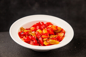 Roasted pepper salad vegetables dish natural product tasty snack fresh delicious gourmet food background on the table rustic top view copy space keto and paleo diet vegan and vegan food