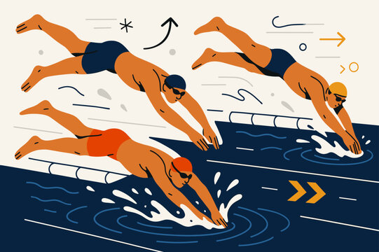 Dynamic Swim Race. Running events. Swimmers diving into the pool, with water splashing and ripples spreading out. The swimmers' powerful strokes propel them