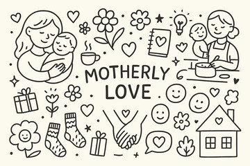 Motherly Love Icons. Motherly Love. Hand-drawn doodle illustration Motherly Love mom holding child, heart, blanket, flowers, cup of tea, notebook, gift, warm