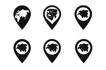 Eurasia Map Pin Icons. Eurasia. Set Logo of Map Pin Icon: Filled silhouette, Abstract geometric, Negative space, Flat solid, Stylized detail, Iconic shape.