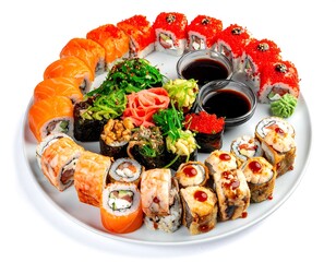 A large assortment of colorful sushi rolls on a white plate