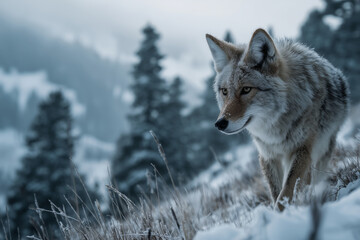 Fototapeta premium Coyote hunting in the snowy wilderness of Yellowstone National Park