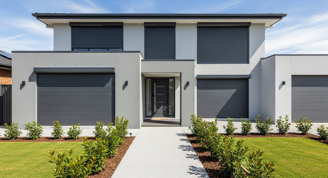 Brand-new suburban home: modern security with electric shutters