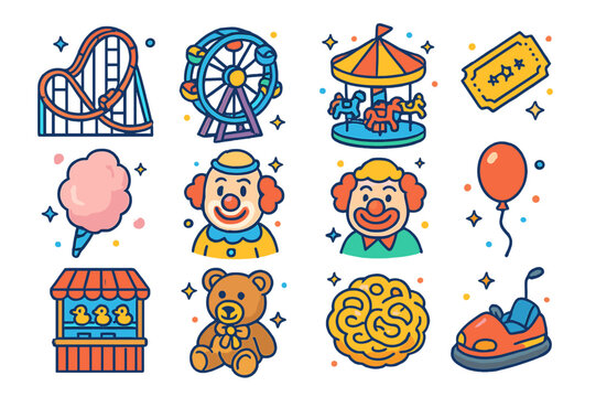 Amusement Park Icons. Amusement Park. Colorful isometric vector icons set of Amusement Park: rollercoaster, Ferris wheel, carousel, ticket, cotton candy,