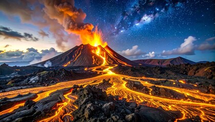 Active volcano erupting spewing lava under starry night sky in iceland