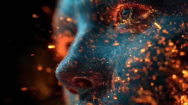 Holographic AI Face with Neon Light Effects and Cybernetic Mesh