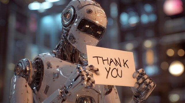 Humanoid Robot Holding Thank You Card in Futuristic Setting