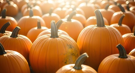 Close-up of Ripe Orange Pumpkins in Sunlight autumn