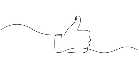 Continuous one line drawing of like hand showing thumb up. Vector illustration, One line drawing of hand showing great sign. Continuous line finger up. Hand-drawn vector illustration of linear like