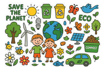 Eco-Friendly Doodle Collage. Environmental Conservation. Colorful Hand-drawn doodle Children illustration Environmental Conservation, recycling bins, wind
