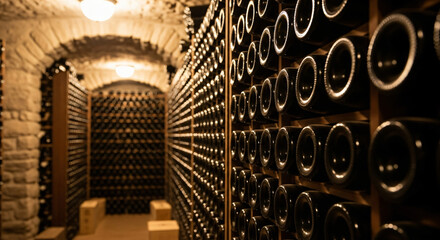 Vintage wine bottles horizontally stored in a dimly lit, cozy cellar