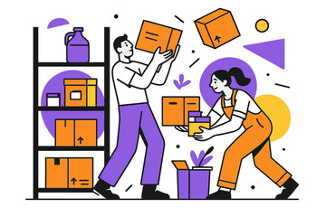 Modern Warehouse Restock. Restocking Supplies. Warehouse shelves being filled with boxes and supplies with floating abstract geometric shapes, productive and