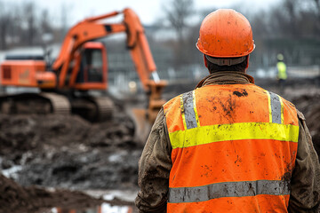 Construction worker in reflective vest supervising heavy machinery at muddy worksite.	