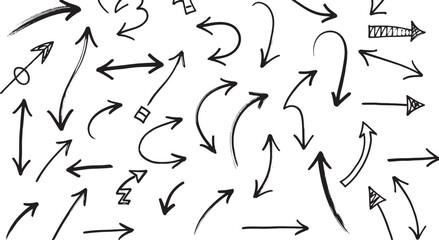 Hand-drawn black arrow collection pointing in various directions on a clean white background, conveying movement, choice, and guidance concepts 