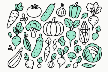 Colorful Vegetable Doodles. // Fresh vegetables. Hand-drawn doodle illustration fresh vegetables [carrot (accented), tomato, cucumber (accented), onion,
