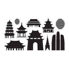 Fototapeta premium Black Silhouette Collection of Asian Pagodas Temples and Modern Skyscrapers asian architecture