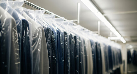 Freshly cleaned professional suits in dry cleaning bags
