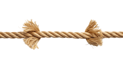 Thick natural fiber rope snapped in half with frayed ends, cutout, PNG isolated on transparent background