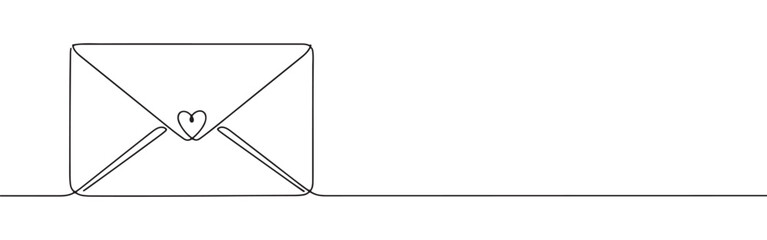 Continuous line drawing of an envelope with a heart, representing love messages, mail, or special correspondence, isolated on a white background