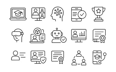 Online learning and technology icons in linear style for digital education and communication