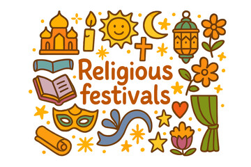 Celebration Symbols Doodle. Religious festivals. Hand-drawn doodle illustration of religious festivals. Temple