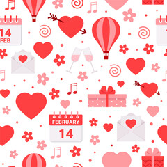 Valentine background. Love seamless pattern. Red pink texture with heart and hot air balloon; gift box; calendar. Retro romantic print. Cute wrapping paper. Vector illustration. Romance backdrop.