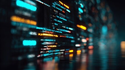 Fototapeta premium Macro Shot of Syntax-Highlighted Code with Neon Reflections in Cyberpunk Style