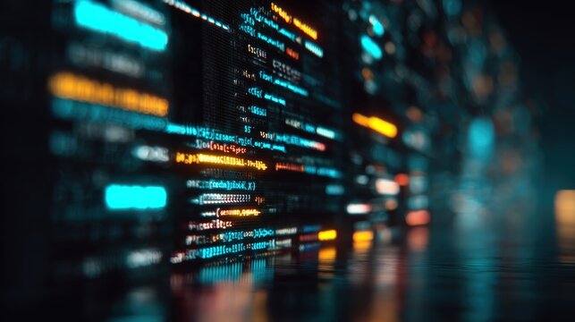 Macro Shot of Syntax-Highlighted Code with Neon Reflections in Cyberpunk Style