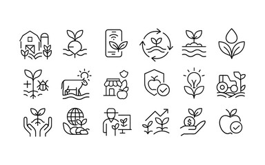 Fototapeta premium Sustainable farming icons: line art collection for eco-friendly agriculture