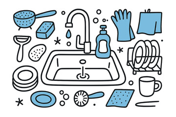Kitchen Sink Essentials. // Kitchen sink area. Hand-drawn doodle illustration kitchen sink area [sink (accented), faucet (accented), sponge, dish soap bottle