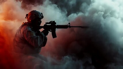 A soldier in combat gear stands amidst a cloud of smoke, aiming a rifle. The soldiers silhouette is sharply contrasted against the fiery red and orange hues of the smoke, which billows around them.