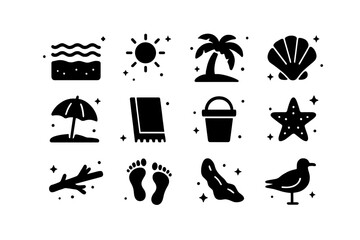 Obraz premium Seaside Icon Compilation. Seaside Escape. Solid icons set of Seaside Escape: ocean waves, sand, sun, palm tree, seashell, beach umbrella, towel, bucket,
