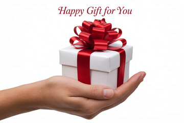White gift box with red ribbon and bow held in hand image.