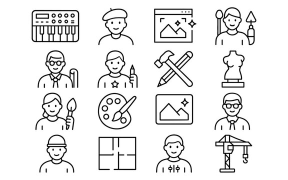 Creative professions icon set featuring artists, musicians, designers, and architects in linear style
