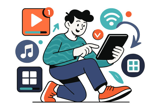 Managing Digital Subscriptions. Digital subscriptions. Person managing multiple streaming, software, and