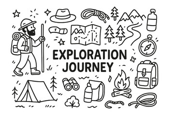 Exploration Adventure Essentials. Exploration Journey. Hand-drawn doodle illustration Exploration Journey explorer, map, compass, backpack, walking stick,