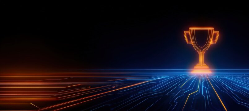 Neon Circuit Lines Converging into Trophy on Tech Banner