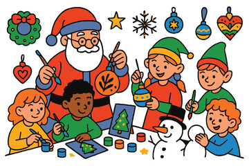 Santa claus and happy children creating festive christmas ornaments together