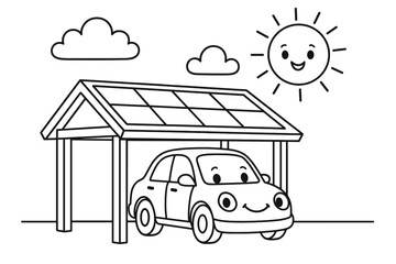 Obraz premium Solar Carport Coloring Fun. Solar carport children?s coloring book illustration, outlined drawing, a cheerful car parked under a solar roof while the sun