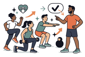 Dynamic Fitness Coaching. Fitness training and personal coaching. Group workout session in gym with trainer giving instructions; abstract floating icons,