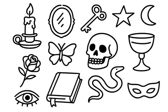Symbolic Doodle Icons. Symbolism and imagery. Hand-drawn doodle illustration Symbolism and imagery candle, mirror, key, rose, skull, butterfly, star, moon,