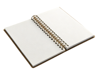 Open spiral bound notebook with blank white grid pages and brass binding, cutout, PNG isolated on transparent background