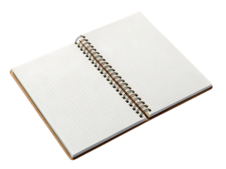 Open spiral bound notebook with blank white dot grid pages and brown cover, cutout, PNG isolated on transparent background