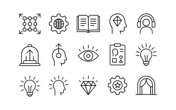 Linear icon set featuring education, creativity, and innovation themes