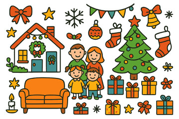Naklejka premium Festive Holiday Home. festive home. Colorful Hand-drawn doodle Children illustration festive home family, Christmas tree, ornaments, lights, garland, wreath,